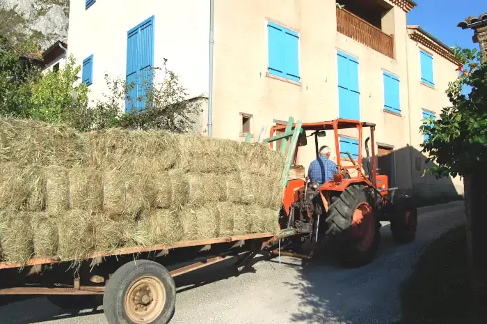 Balles de foin sur une remorque à Roquefixade dans l'Ariège