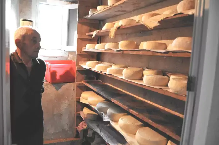 Louis dans la cave d'affinage où vieillissent ses fromages de Barousse