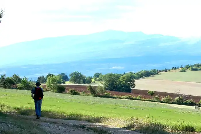 Un randonneur face au mont Ventoux sur la randonnée à Sault