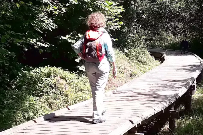 Randonneuse sur la passerelle en bois de la zone humide du lac de Laprade